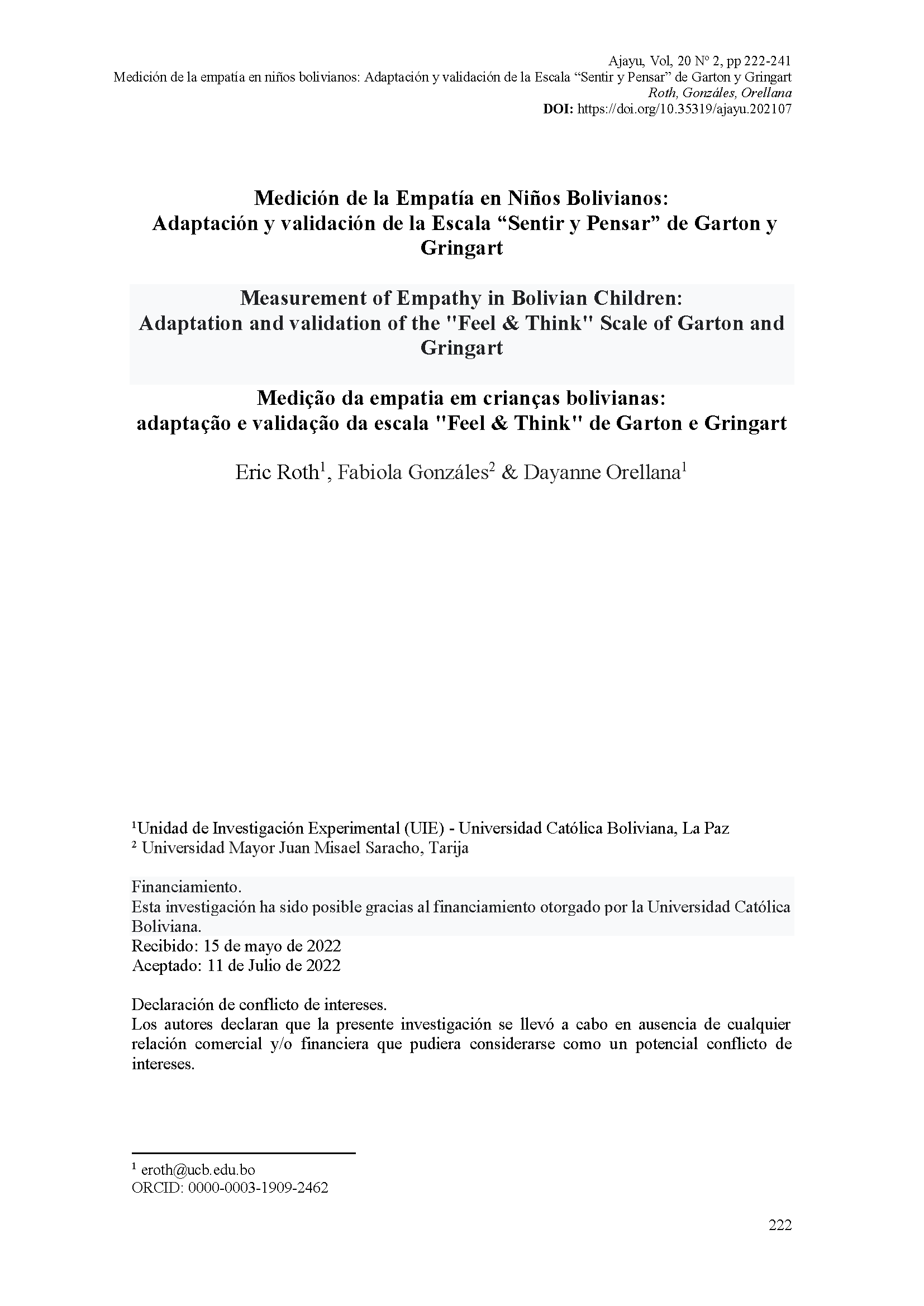 Medición de la Empatía en Niños Bolivianos: Adaptación y validación de la Escala “Sentir y Pensar” de Garton y Gringart