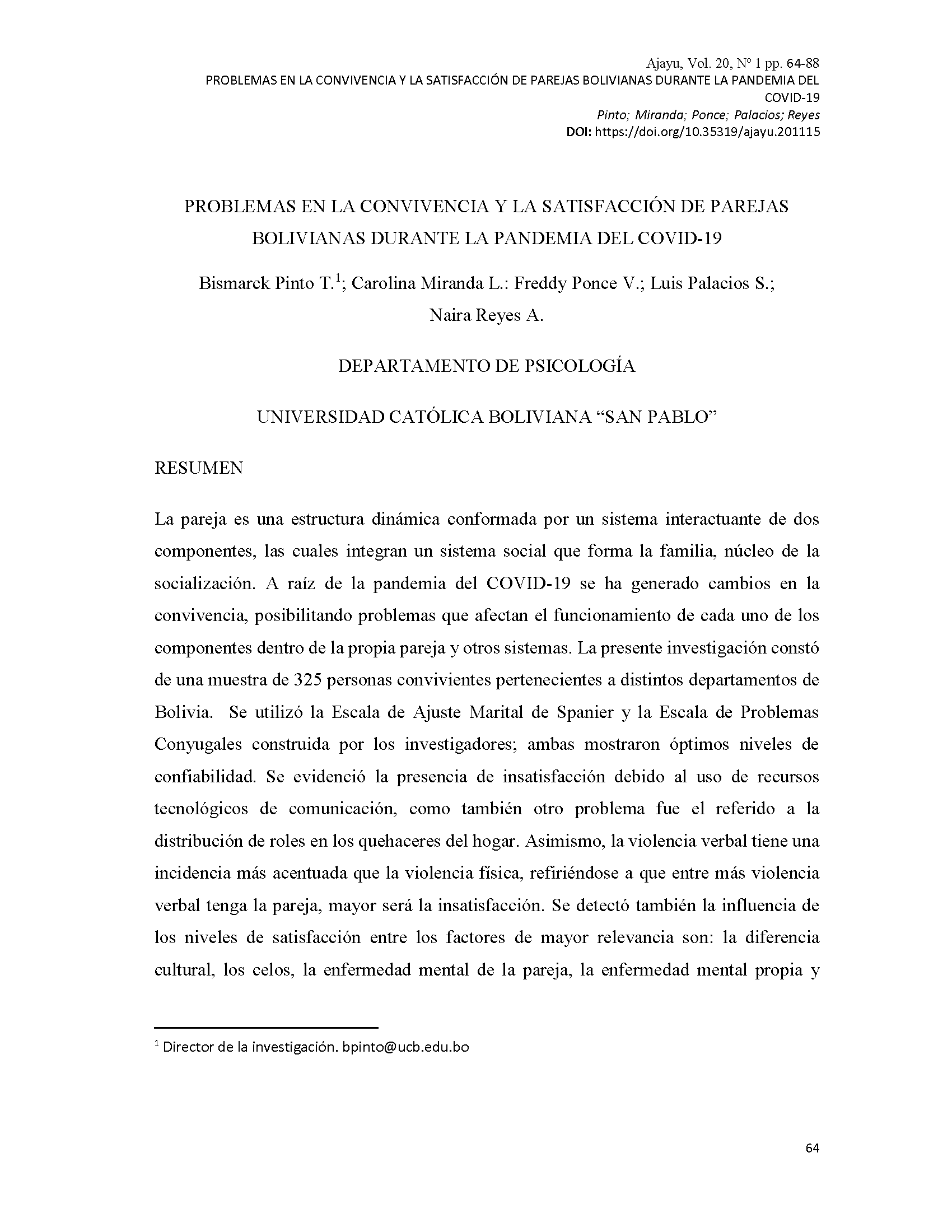 Problemas en la convivencia y la satisfacción de parejas bolivianas durante la pandemia del COVID-19