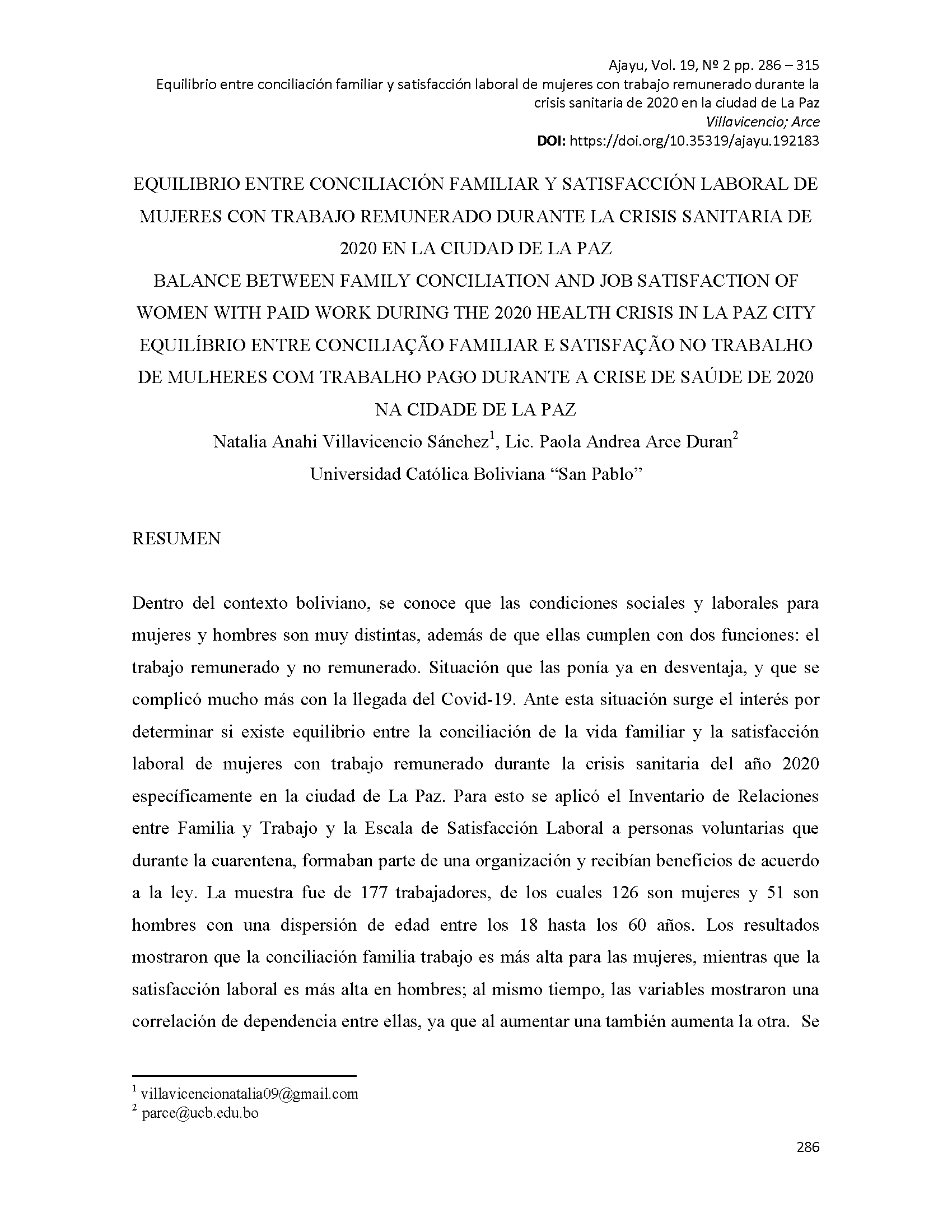 Equilibrio entre conciliación familiar y satisfacción laboral de mujeres con trabajo remunerado durante la crisis sanitaria del 2020 en la ciudad de La Paz 