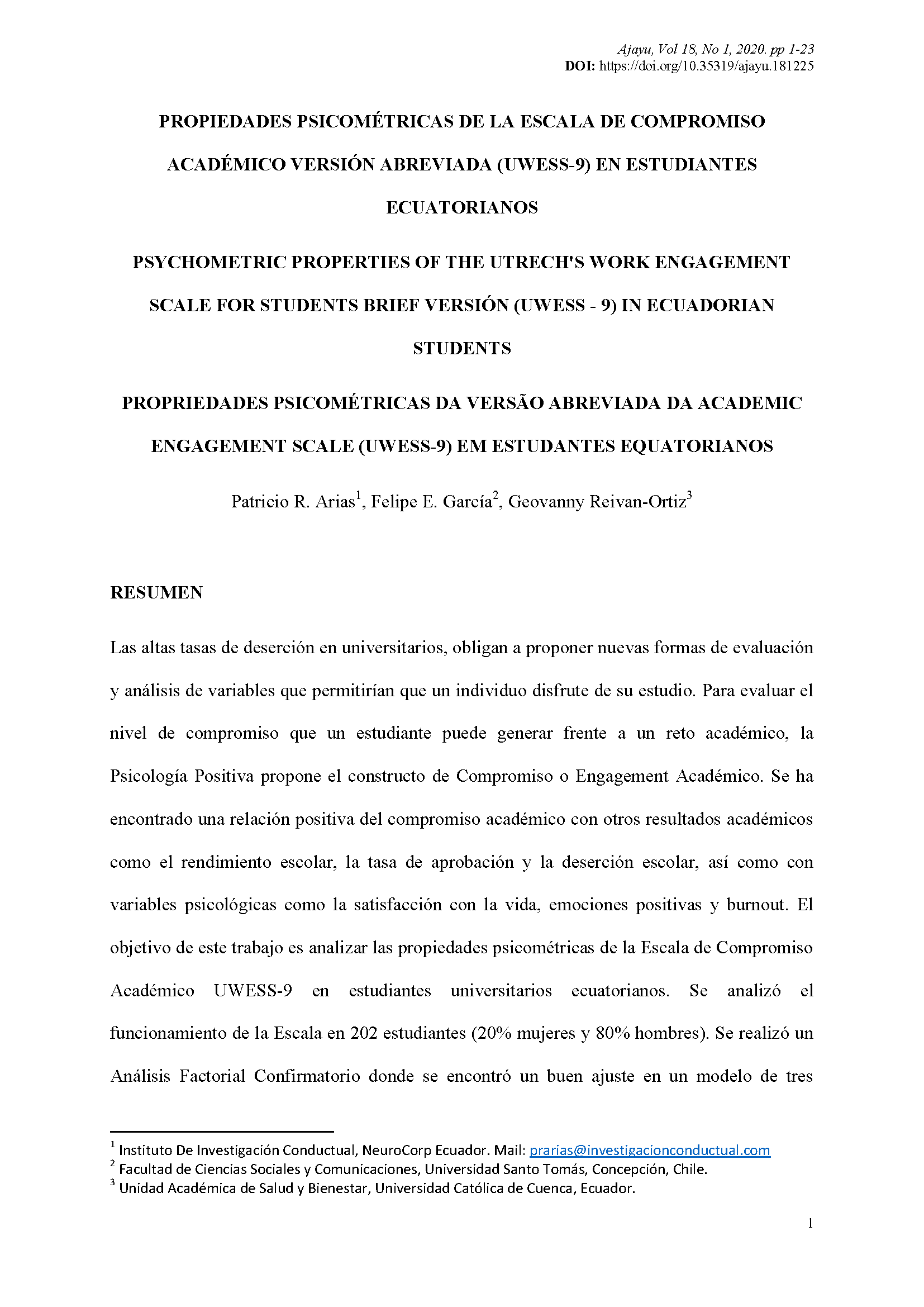 Propiedades psicométricas de la escala de compromiso académico versión abreviada (UWESS-9) en estudiantes ecuatorianos 