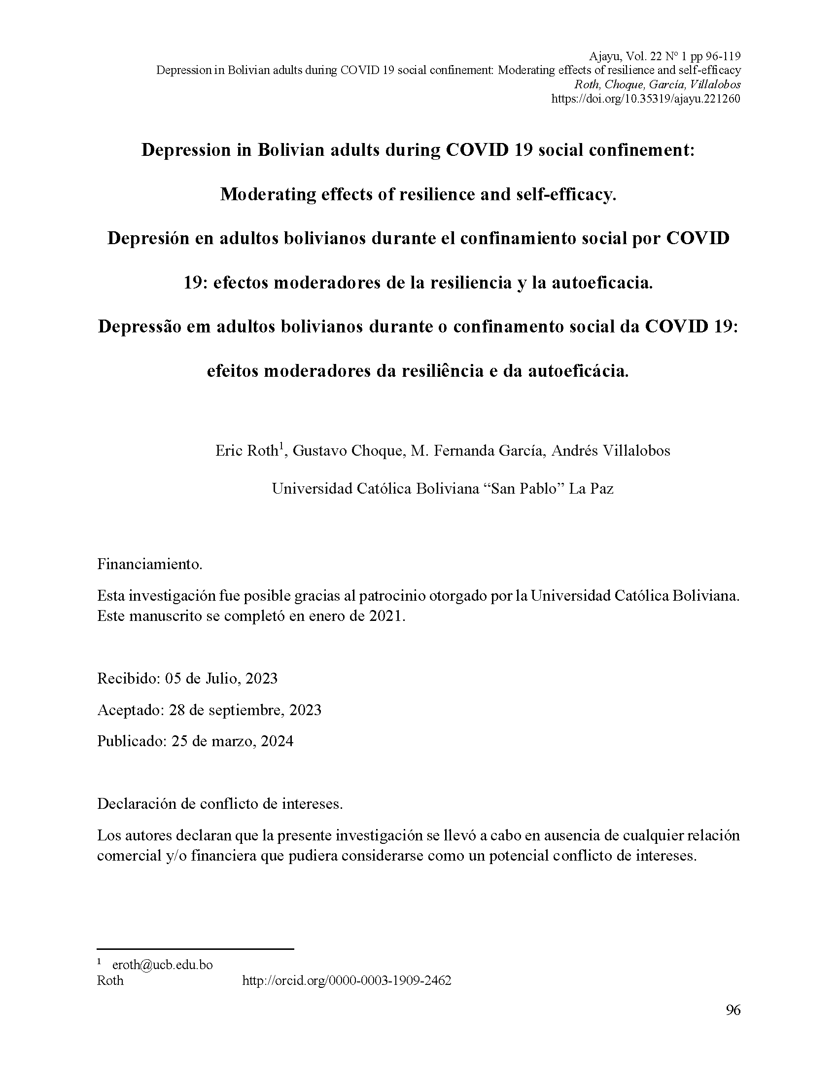 Depression in Bolivian adults during COVID 19 social confinement: Moderating effects of resilience and self-efficacy