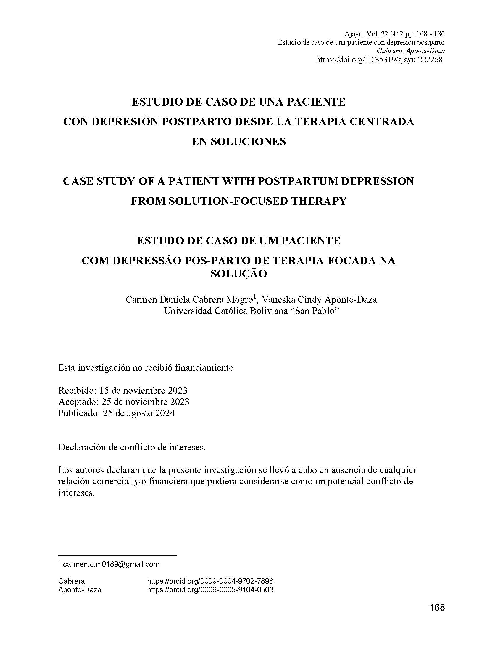 ESTUDIO DE CASO DE UNA PACIENTE CON DEPRESIÓN POSTPARTO DESDE LA TERAPIA CENTRADA EN SOLUCIONES