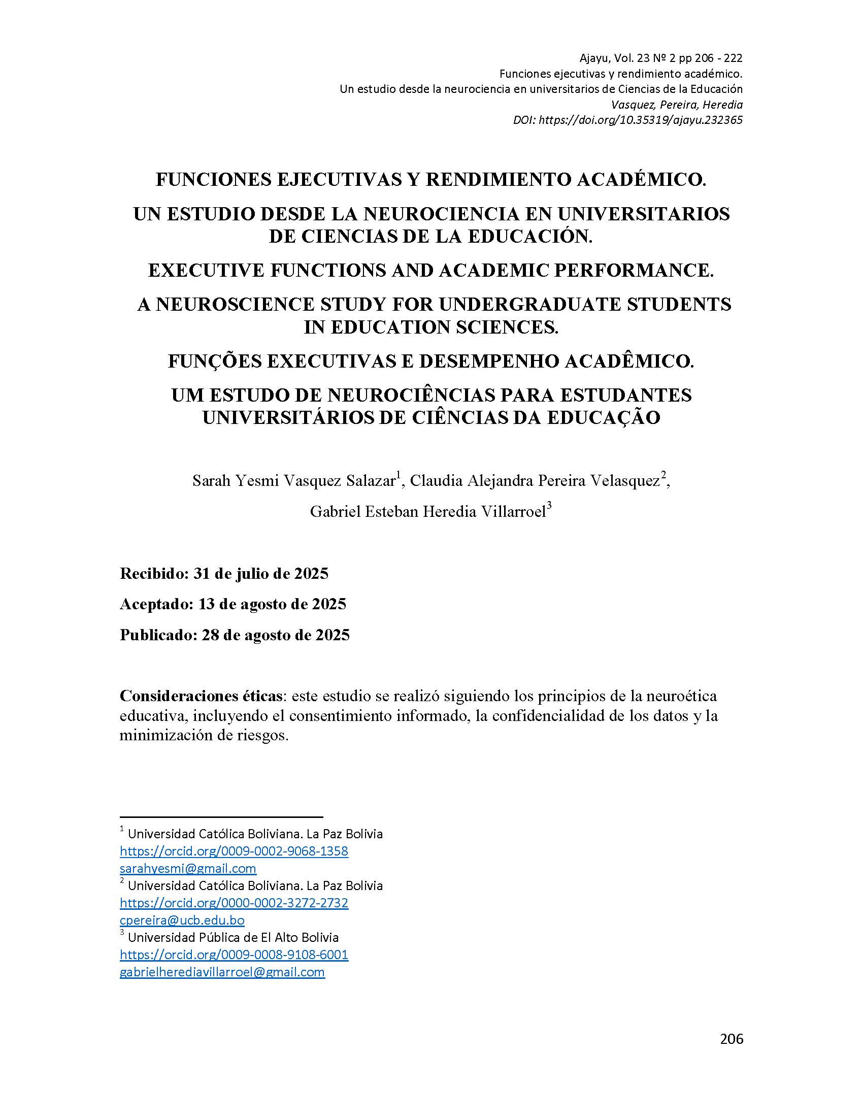Funciones ejecutivas y rendimiento académico. Un estudio desde la neurociencia en universitarios de ciencias de la educación