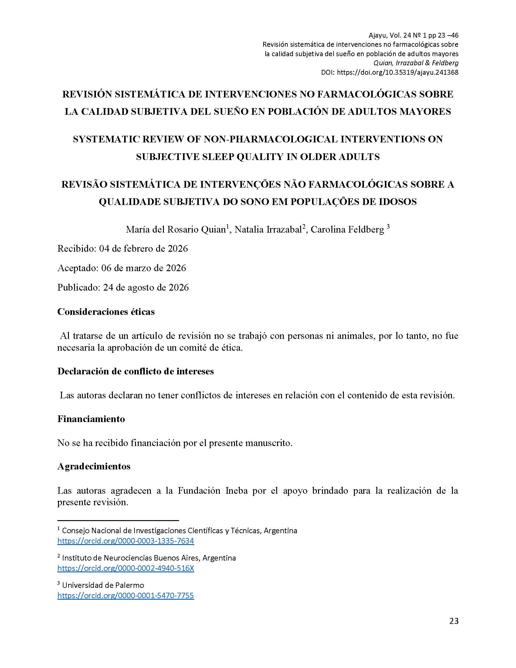 Revisión sistemática de intervenciones no farmacológicas sobre la calidad subjetiva del sueño en población de adultos mayores 
