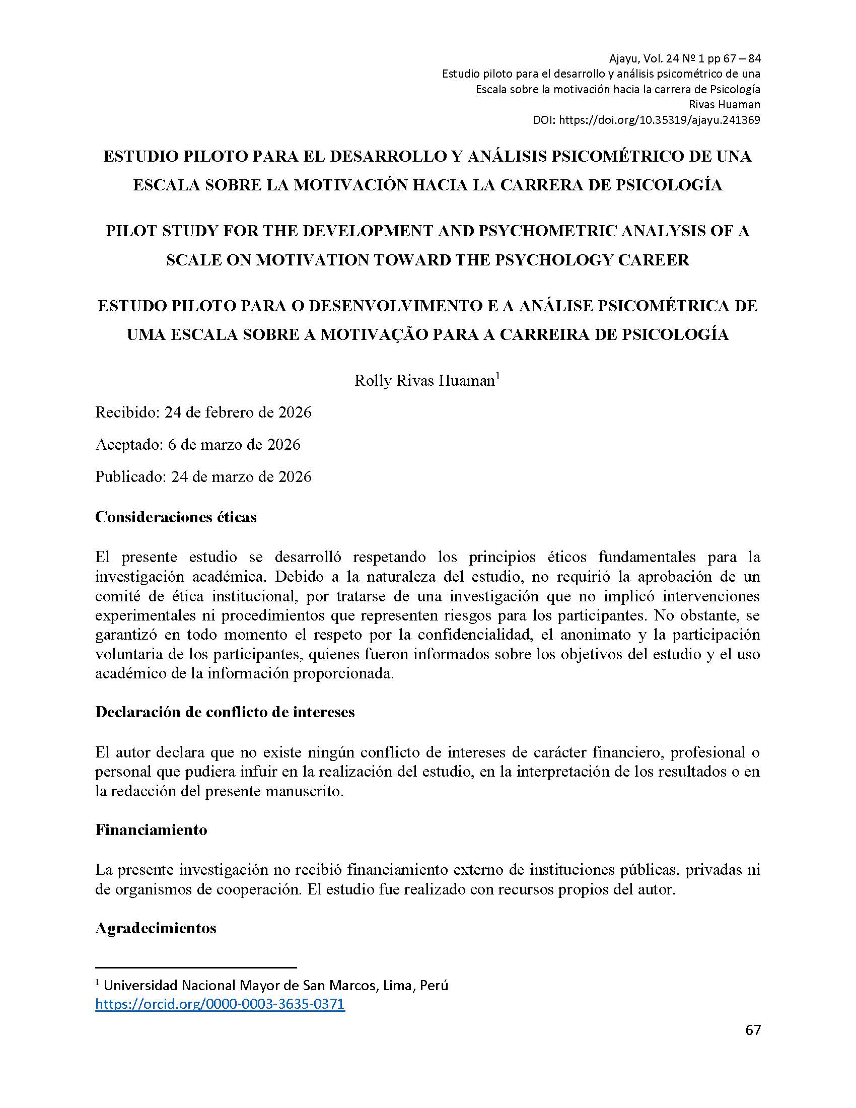 Estudio piloto para el desarrollo y análisis psicométrico de una escala sobre la motivación hacia la carrera de psicología