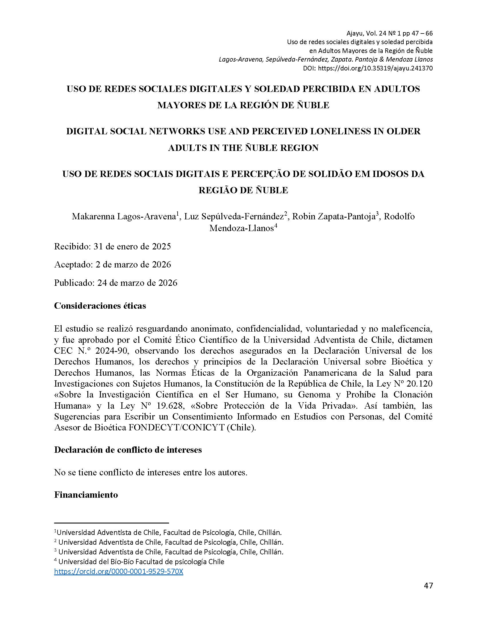 Uso de redes sociales digitales y soledad percibida en adultos mayores de la región de ñuble