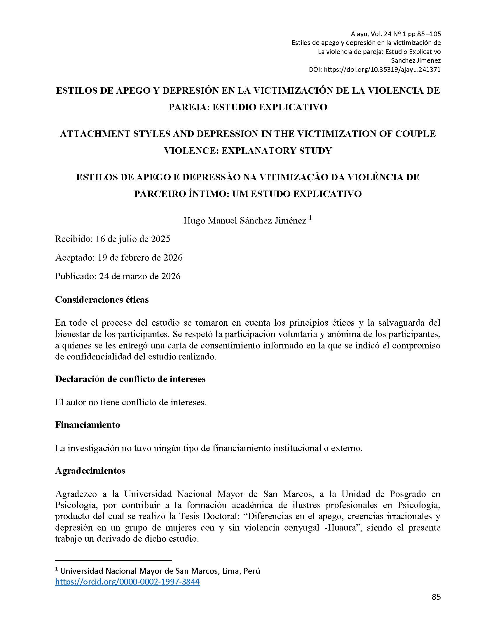 Estilos de apego y depresión en la victimización de la violencia de pareja: estudio explicativo 