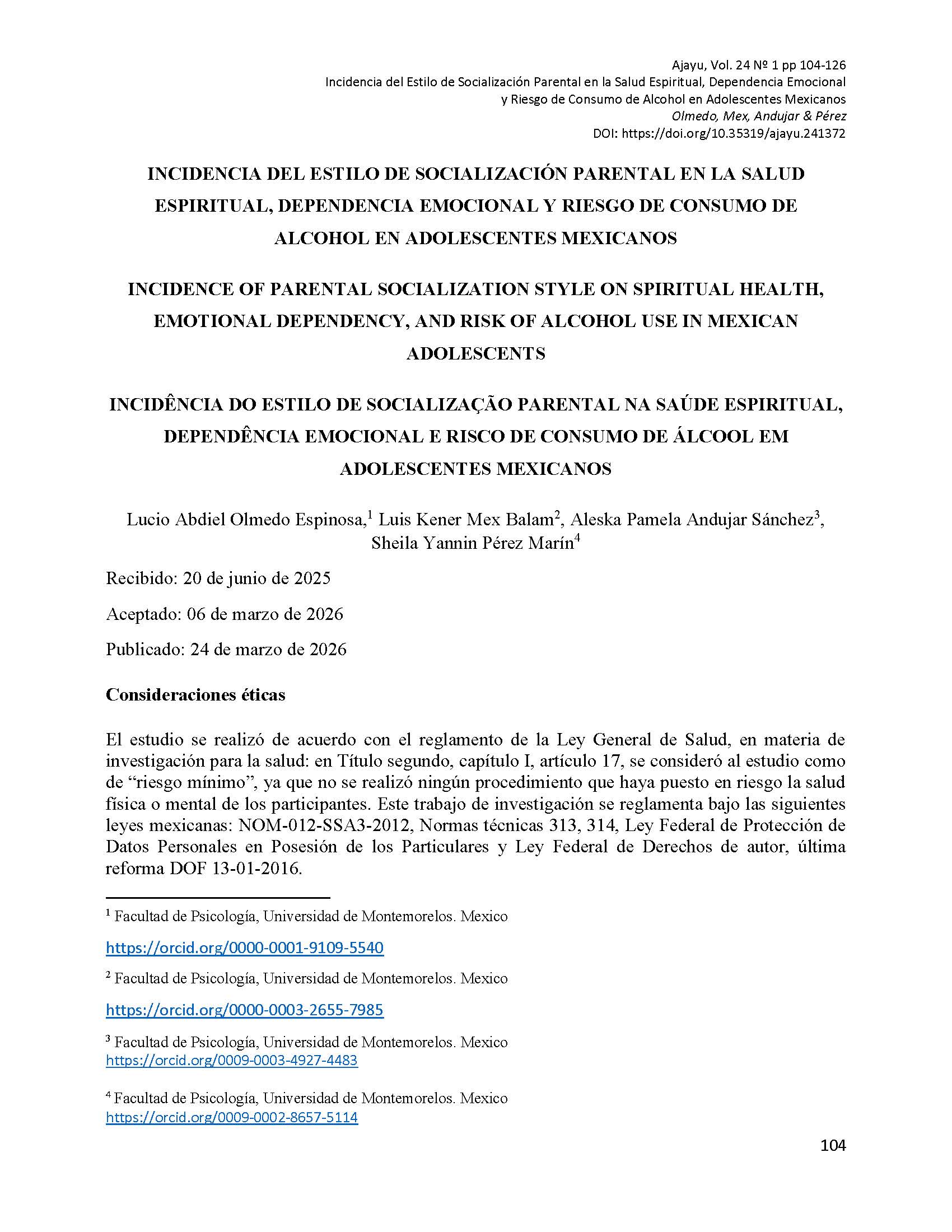 Incidencia del estilo de socialización parental en la salud espiritual, dependencia emocional y riesgo de consumo de alcohol en adolescentes mexicanos