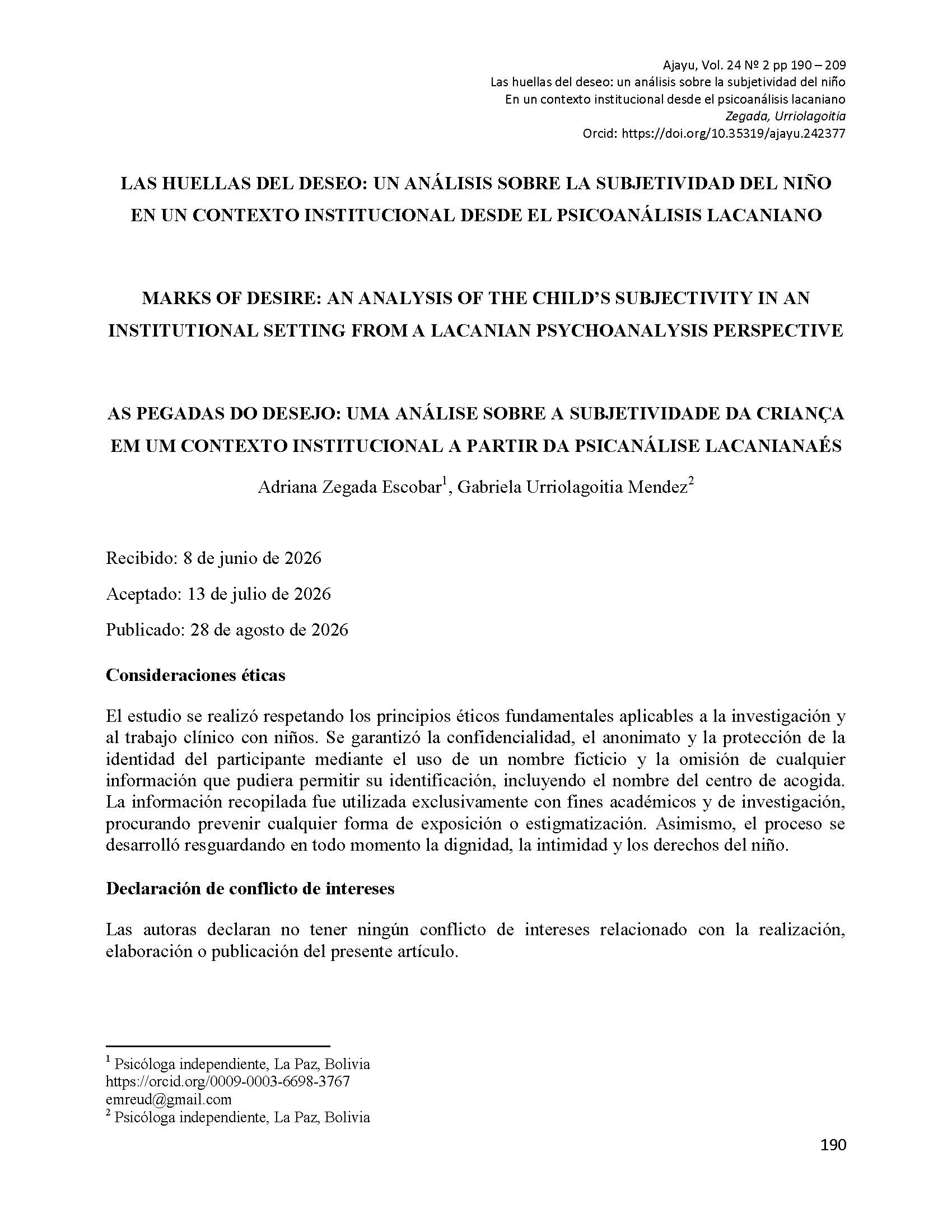 Las huellas del deseo: un análisis sobre la subjetividad del niño en un contexto institucional desde el psicoanálisis lacaniano