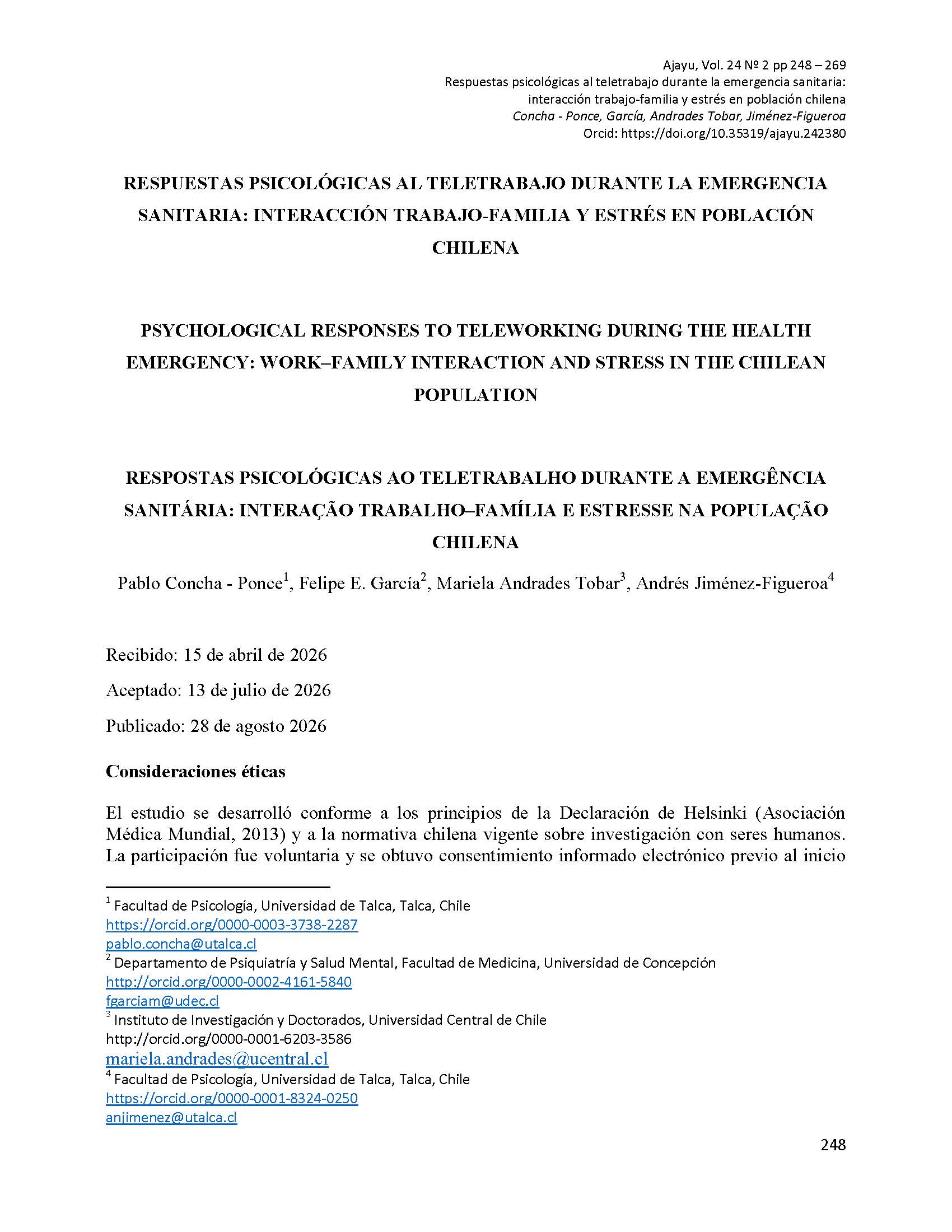 Respuestas psicológicas al teletrabajo durante la emergencia sanitaria: interacción trabajo-familia y estrés en población Chilena