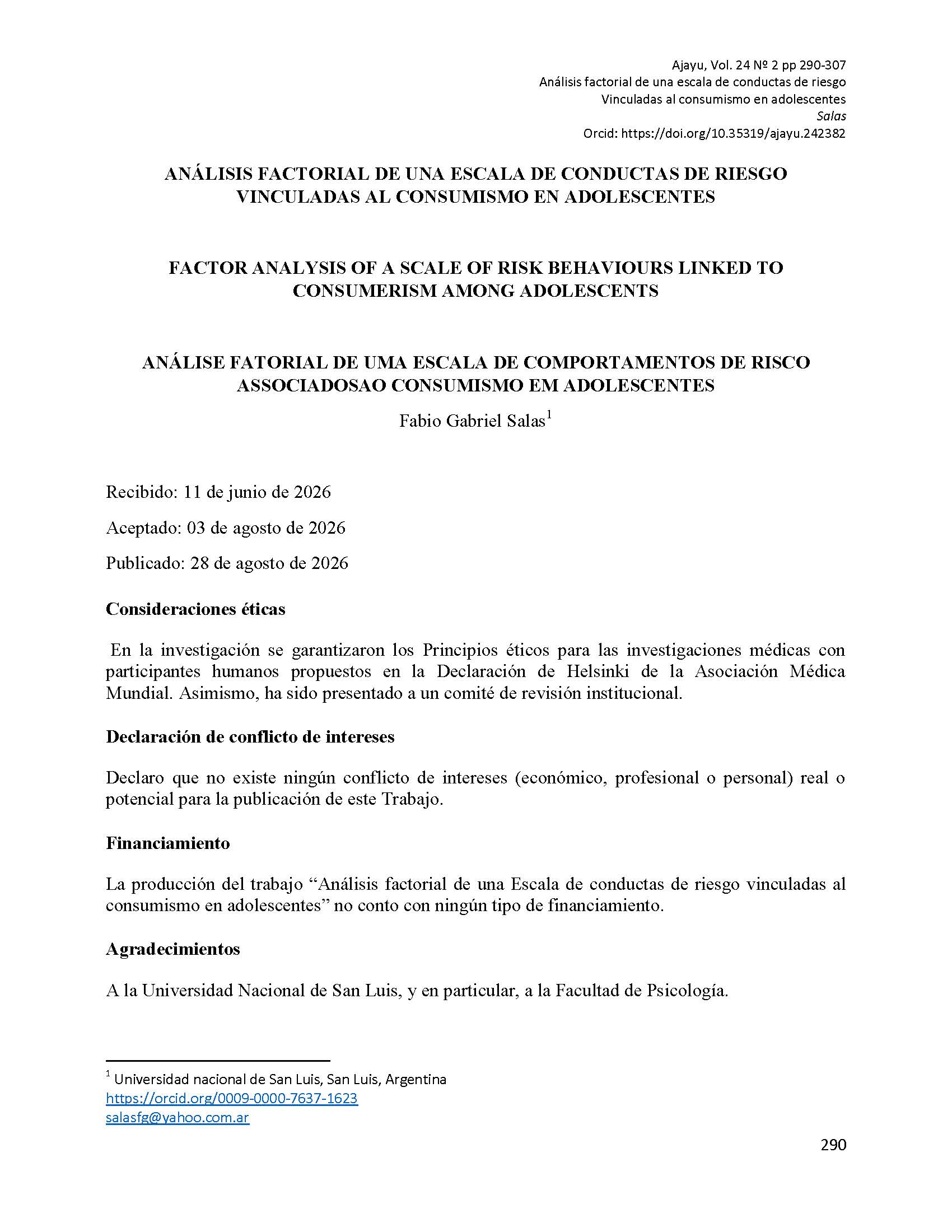 Análisis factorial de una escala de conductas de riesgo vinculadas al consumismo en adolescentes