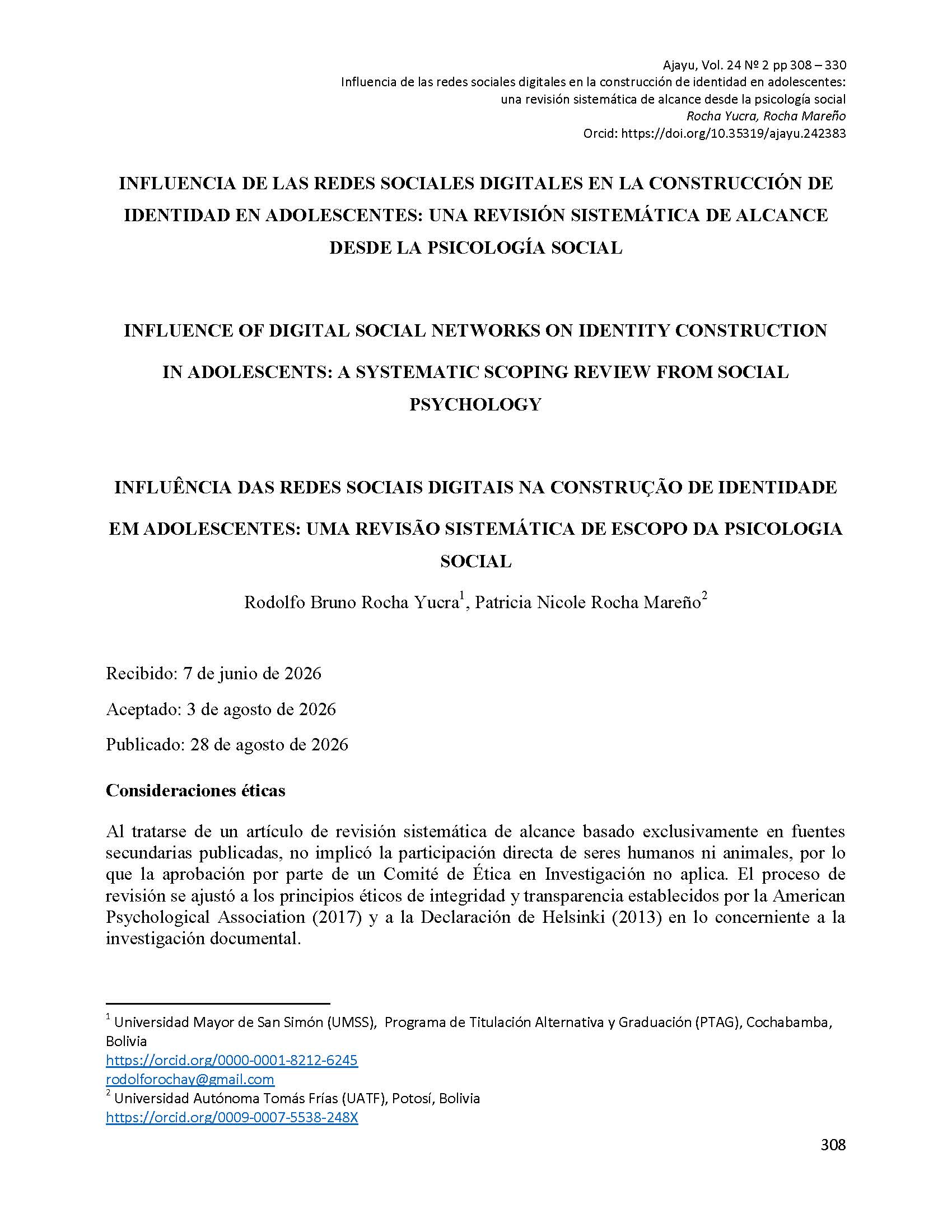 Influencia de las redes sociales digitales en la construcción de identidad en adolescentes: una revisión sistemática de alcance desde la psicología social